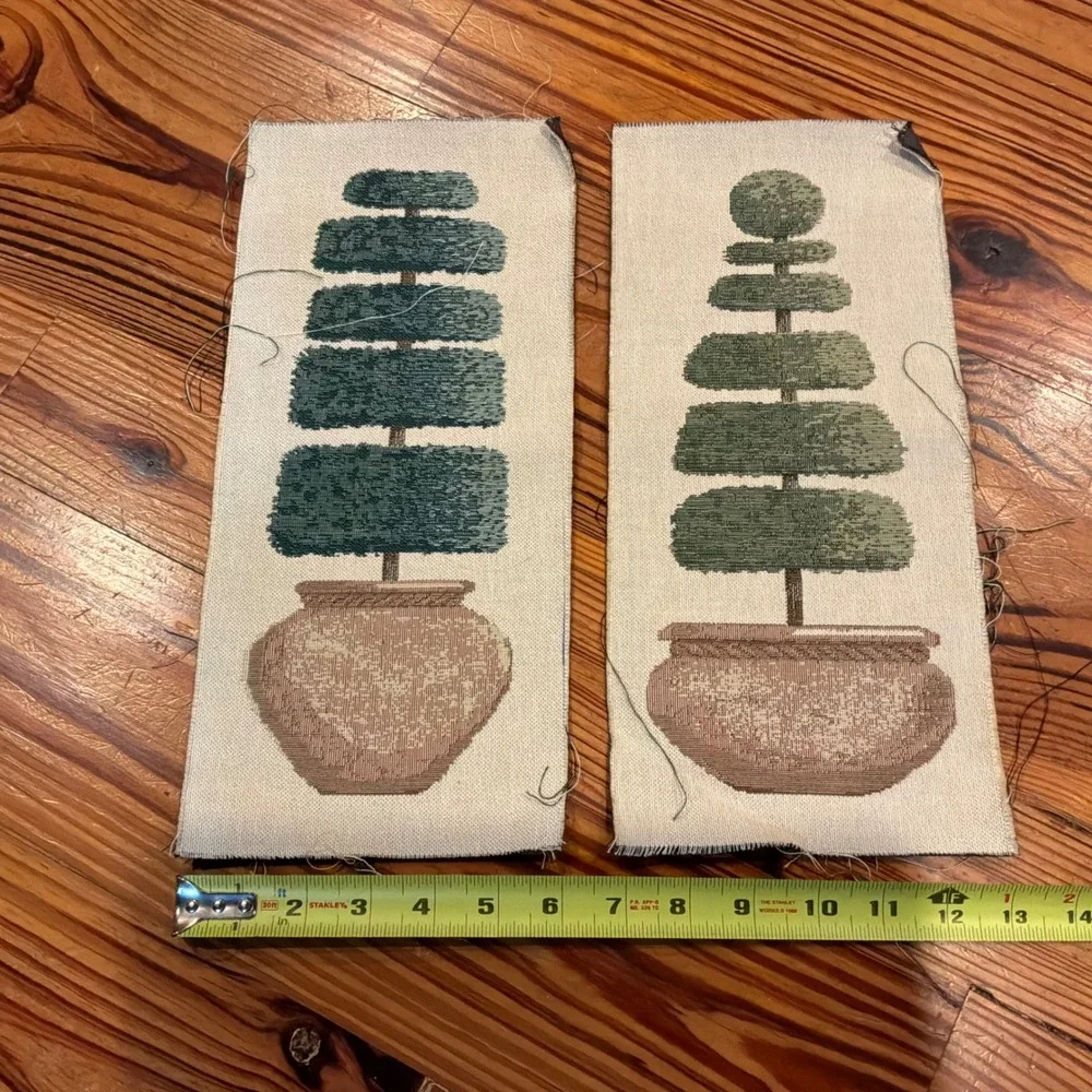Pair Vintage Woven Topiary Tapestry Panels Cottagecore English Garden Country